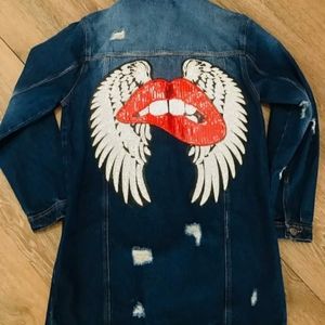 Red lips White Wings Jean Jacket